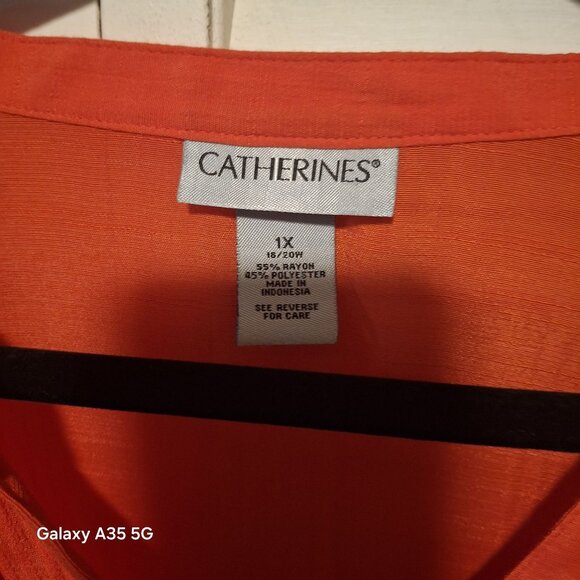 Catherines Womens Button-Up Pleated Blouse 1X 16/18W Orange Rayon/Polyester Long - Picture 4 of 7